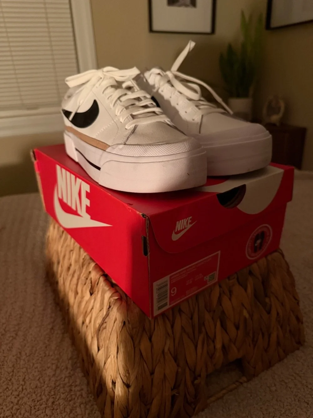Nike White Low-Top Sneakers with Black Swoosh and Tan Stripe